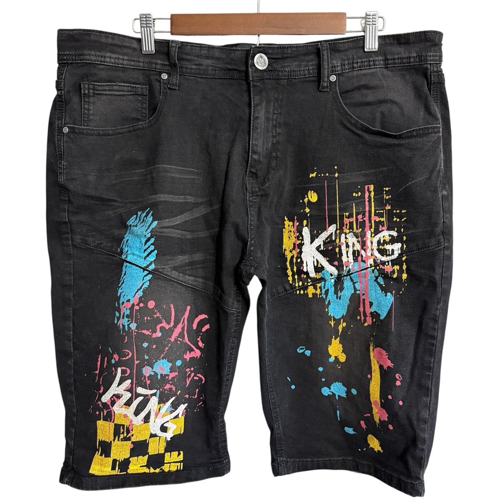 Encrypted jean shorts jorts men's 36 black denim‎ streetwear hip hop grunge King